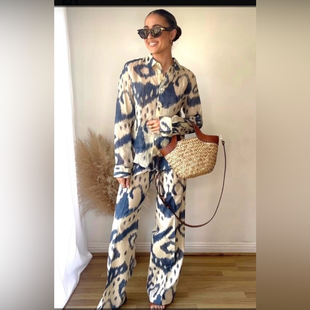 ZARA Printed Ramie Shirt & Pants Set LIMITED EDITION Blue Cream Size S/XS